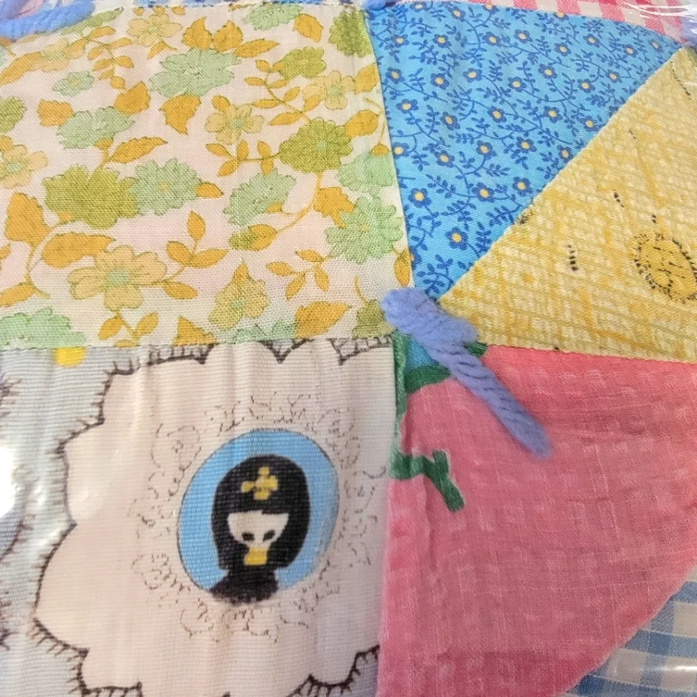 Patchwork Quilt Vintage HandMade Tied Pink Colorful Gingham Hand Applied Binding